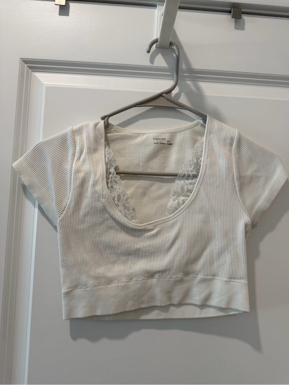 aerie White Ribbed Lace-Trim Tank Top - Superchill
